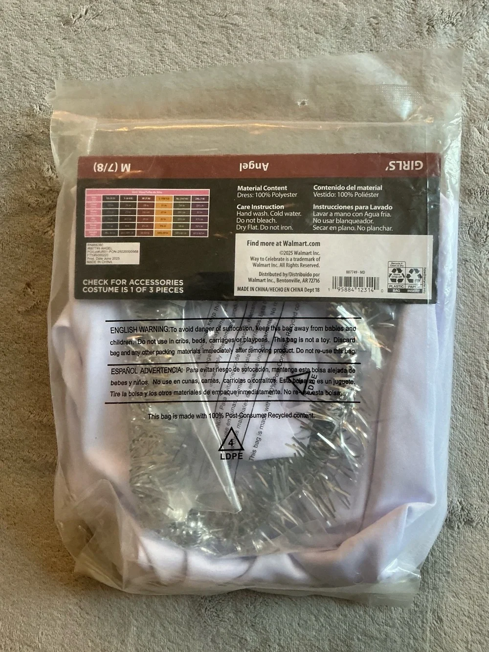 New White Angel Girls Costume Dress Sash and Halo Headband - Size M (7/8)